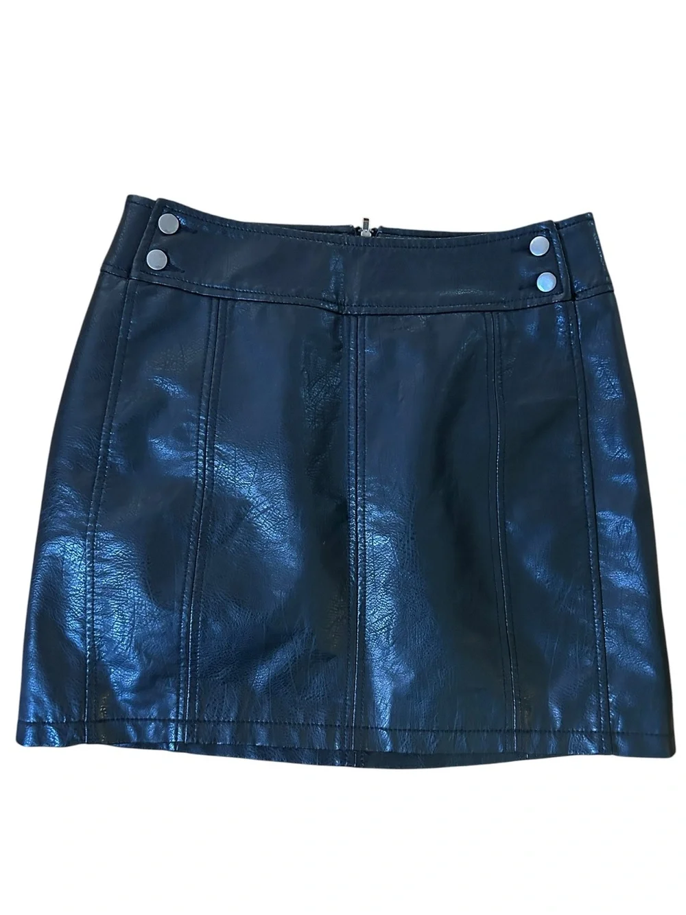 Free People Vegan Leather Mini Skirt Black Moto Zip Snap Detail Size 6